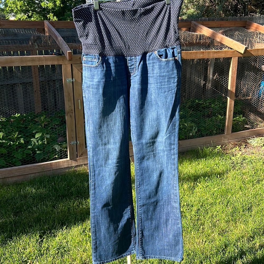GAP Women's Blue Maternity Flare Jeans with Polka Dot Waistband